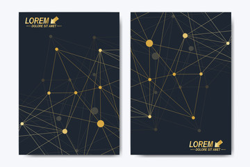 Vector template for brochure, Leaflet, flyer, advert, cover, catalog, magazine or annual report. Geometric background molecule and communication. Golden cybernetic dots. Lines plexus. Card surface.