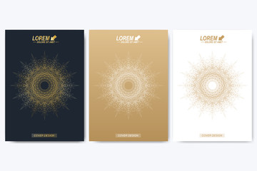 Obraz na płótnie Canvas Modern vector template for brochure, leaflet, flyer, cover, catalog, magazine or annual report in A4 size. Business, science and technology design book layout. Presentation with golden mandala.
