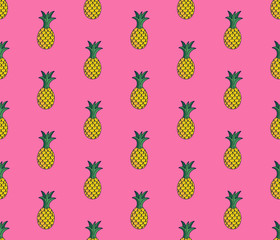 Pineapple doodles seamless vector pattern on pink background