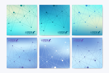 Modern vector template for square brochure, Leaflet, flyer, cover, booklet, magazine or annual report. Geometric background molecule and communication. Cybernetic dots. Lines plexus. Card surface.
