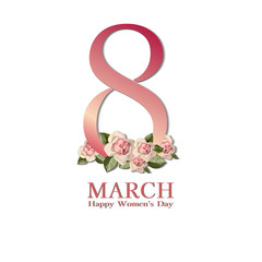 8 March greeting card template. International Womens day background or brochure on white with rouse. Vector