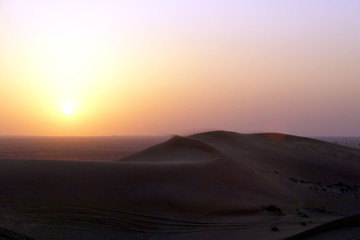 Fototapeta na wymiar Sonnenuntergang in der Wüste bei Dubai, Vereinigte Arabische Emirate, Naher Osten