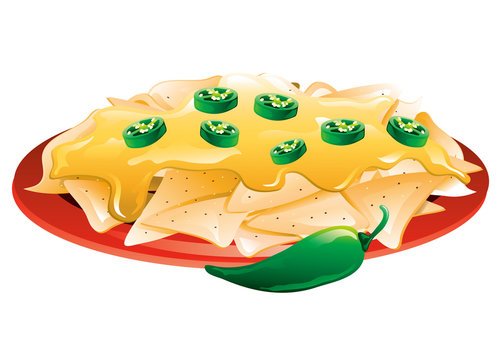 nachos with cheese and jalapenos on red plate clip art preview