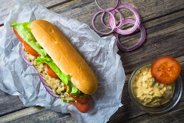 Homemade hot dog with sauce and onions on the wooden table