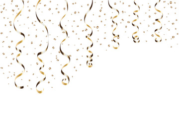Gold curly ribbon confetti. Golden serpentine on white background. Colorful streamers. Design decoration party, birthday, Christmas, New Year celebration, anniversary, carnival Vector illustration