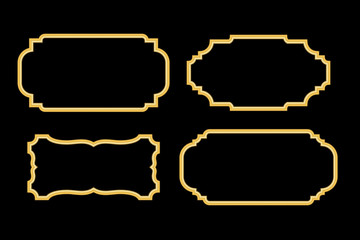 Gold frames. Beautiful simple golden design. Vintage style decorative border, isolated on black background. Deco elegant object. Empty copy space for decoration, photo, banner Vector illustration