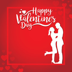 Happy Valentine's Day - 14 february. Couple silhouette with heart shape and frame on red background. Vector illustration.