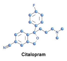 Citalopram is an antidepressant drug of the selective serotonin reuptake inhibitor class. Vector medical illustration