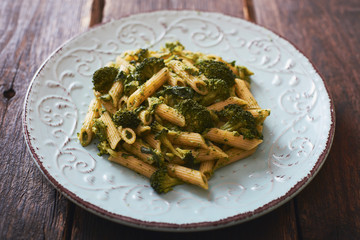 Pasta with broccoli on vintage dish - vegetarian food
