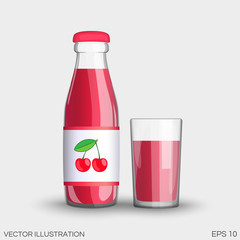 Cherry juice in a transparent glass bottle isolated