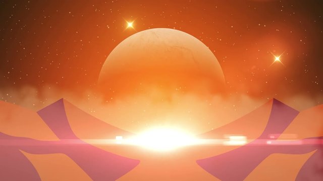 Science fiction desert with big strange planet shine up seamless loop, sci-fi animated background with space for your text or logo. Alien Planet. Epic big shinny sun behind the mountains.