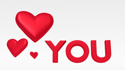 Three red valentine hearts with text on a white background 3d render