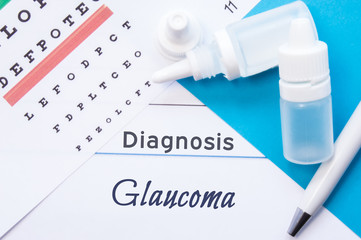 Ophthalmology diagnosis Glaucoma. Snellen (eye) chart, two bottles of eye drops ( medications) lying on notebook with inscription Glaucoma diagnosis on the desk in ophthalmologist office