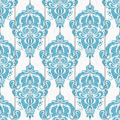 Vector seamless damask pattern on wooden texture. Ornate vintage background