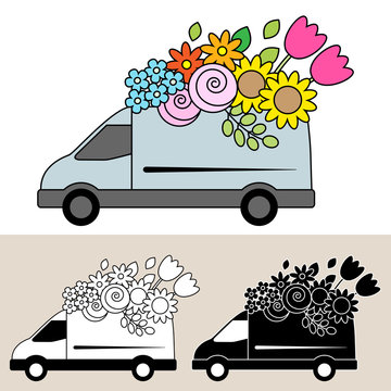 Van delivering fresh flowers and bouquets, with sunflowers, tulips and roses. Isolated, flat, side view illustration, and black and white versions