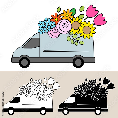 “Van delivering fresh flowers and bouquets, with sunflowers, tulips and