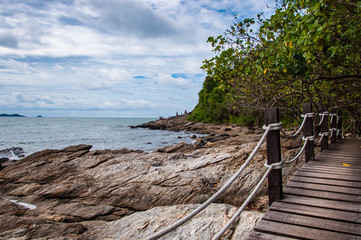 Wooden Footbridge along seaside on island
