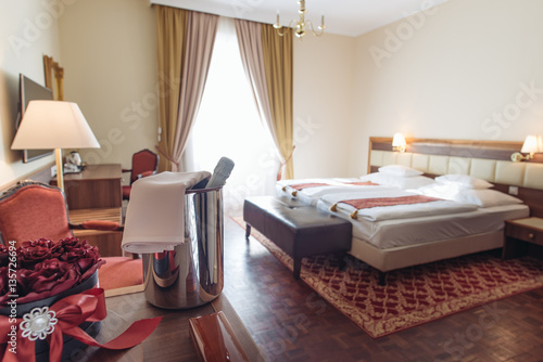 Elegant Hotel Room With Rose Decoration And Champagne Romantic