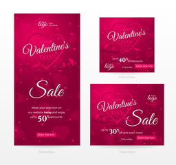 Set of stylish sale banners of different sizes for Happy Valentine's day with frame of shaped heart, ribbon and confetti. Romantic template for discount offer. Vector pink background with hearts.