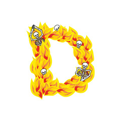 Letter D hellish flames and sinners font. Fiery lettering. Infer