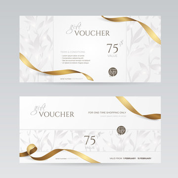Set of stylish gift voucher with golden ribbon and silver floral pattern. Vector template for gift card, coupon and certificate. Isolated from the background.