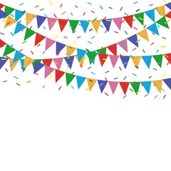 Festive flags and confetti. Carnival party. Garland of colour flags and confetti. Holiday background