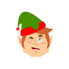 Christmas Elf winks Emoji. Santa helper emotion cheerful.
