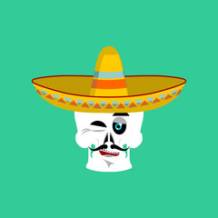 Skull in sombrero winking Emoji. Mexican skeleton for traditiona