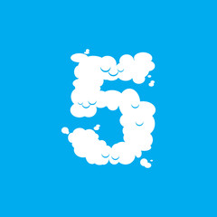 Number 5 cloud font symbol. White Alphabet sign five on blue sky