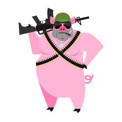 Pig soldiers.  swine War. Wild boar with gun. aper Warrior. Farm