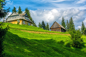 Traditional wooden mountain house on green field in summer
