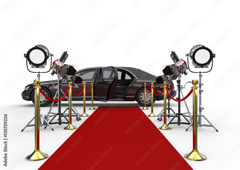 Poster high class limousine with red carpet and spotlights / 3d render image representing a high class limo