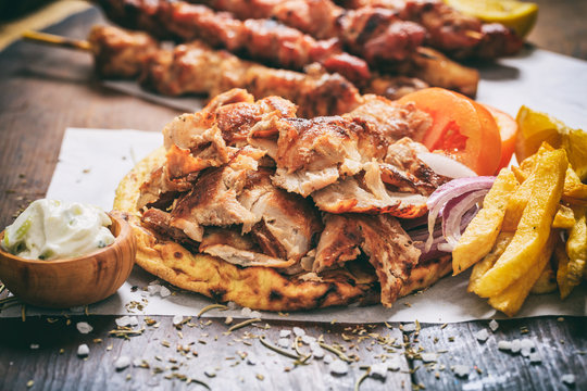 Greek gyros on a pita bread