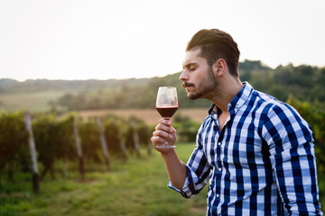 Winegrower tasting wine in vineyard