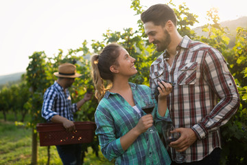 People sampling and tasting wines in vineyard