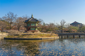 Fototapeta na wymiar Beautiful Palace Hyangwonjeong at the Gyeongbokgung Palace in Seoul, South Korea.