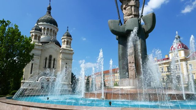 Sparkling Fountain in front of the Cathedral in the city of Cluj-Napoca in Romania.
