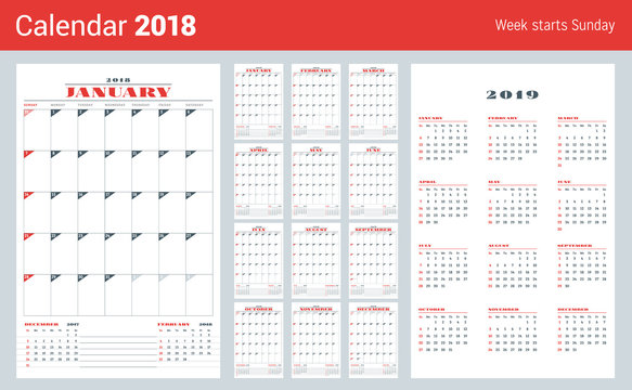 Calendar Template for 2018 Year. Set of 12 Months. Business Plan
