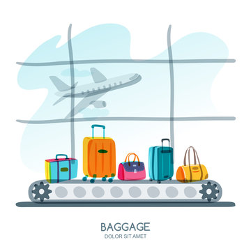 Multicolor luggage, suitcase, bags on train in airport terminal. Vector hand drawn illustration. Luggage carousel against airport window with taking off plane. Travel and tourism concept.