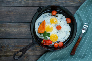 Fried eggs sunny side up in a frying pan