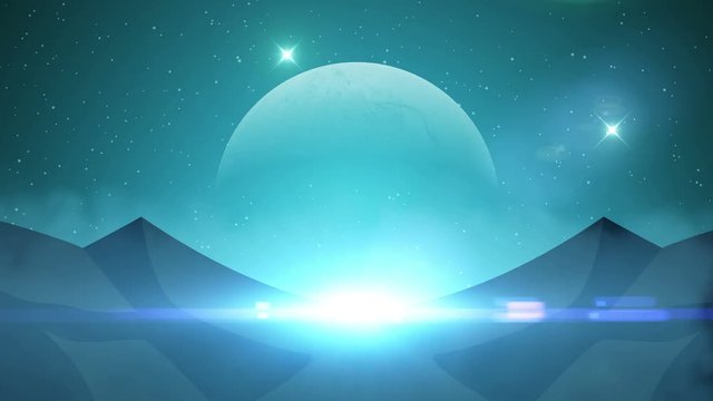 Science fiction planet seamless loop, sci-fi animated background with space for your text or logo. Night, Stars and Alien Planet. Epic big shinny moon behind the mountains.