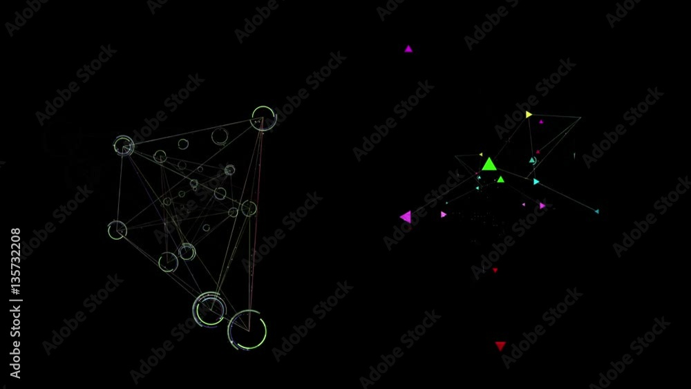 Poster abstract generated geometry forms with lines connected them. detailed shapes composition with small 