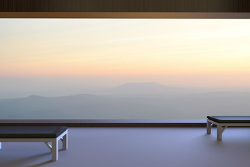 Simple living Room and two wooden chairs and mountain view outside your window in the morning sky and clouds 