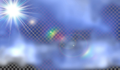 EPS 10. Fog or smoke isolated transparent special effect. White vector cloudiness, mist or smog background. sunlight special lens flare light effect. Vector illustration