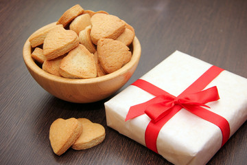 Homemade cookies hearts and gift