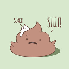 Small kawaii bird's poop is laying on the pile of shit and says Sorry. The big one is not happy about it. Vector cartoon illustration. Isolated on green background.