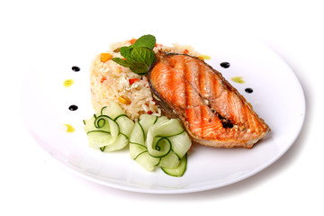 Fried salmon fish with a soaked rice