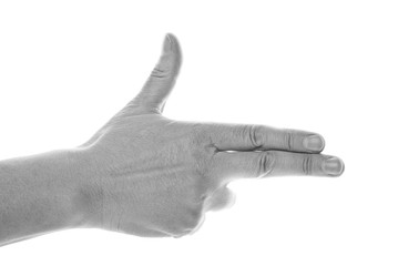 Black and white image of a hand gesture on an isolated background