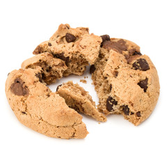 One broken Chocolate chip cookie isolated on white background. S