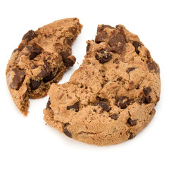 One broken Chocolate chip cookie isolated on white background. S